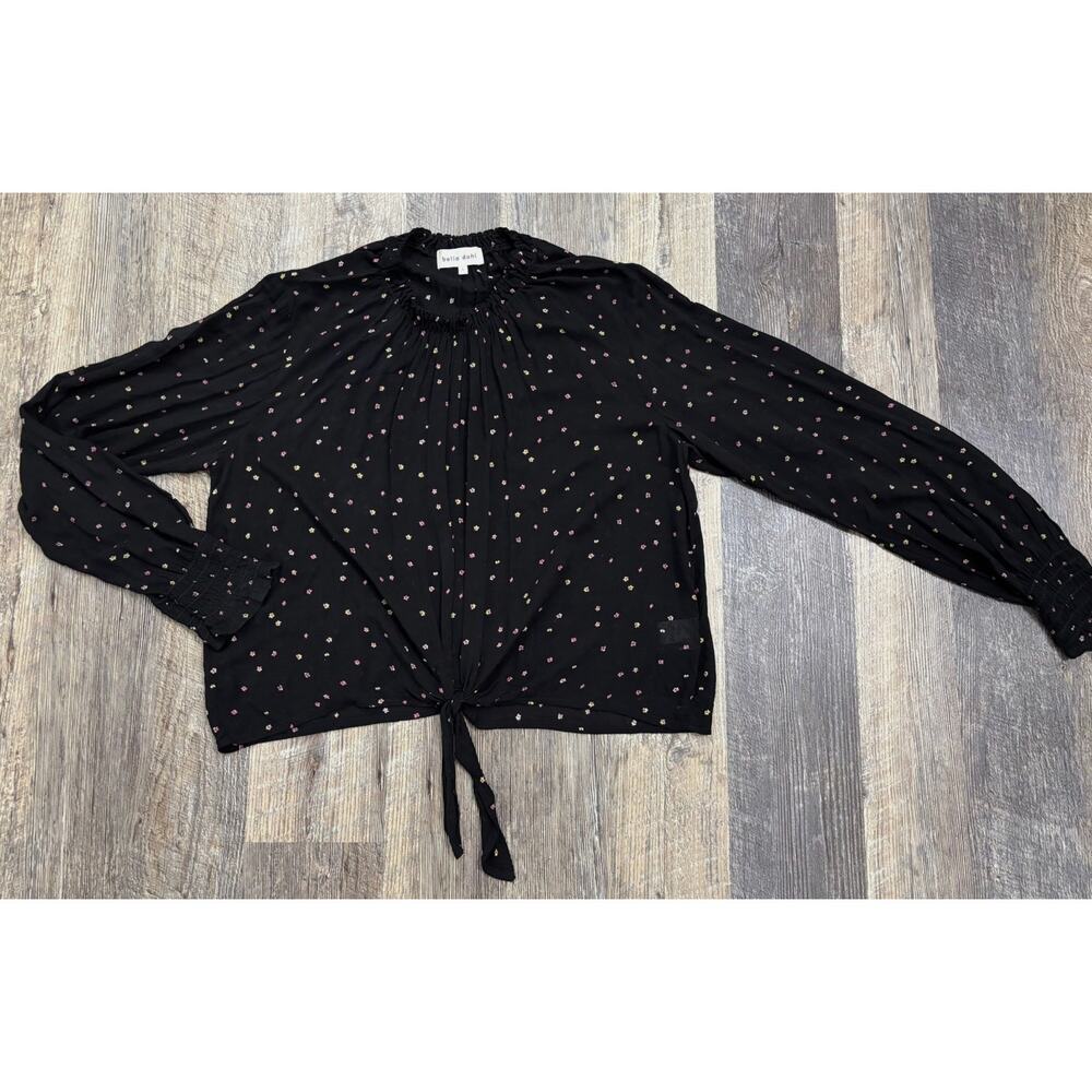 Bella Dahl Black Floral Tie Front Smocked Neck Blouse Rayon Top Womens Large L‎ - Picture 8 of 9